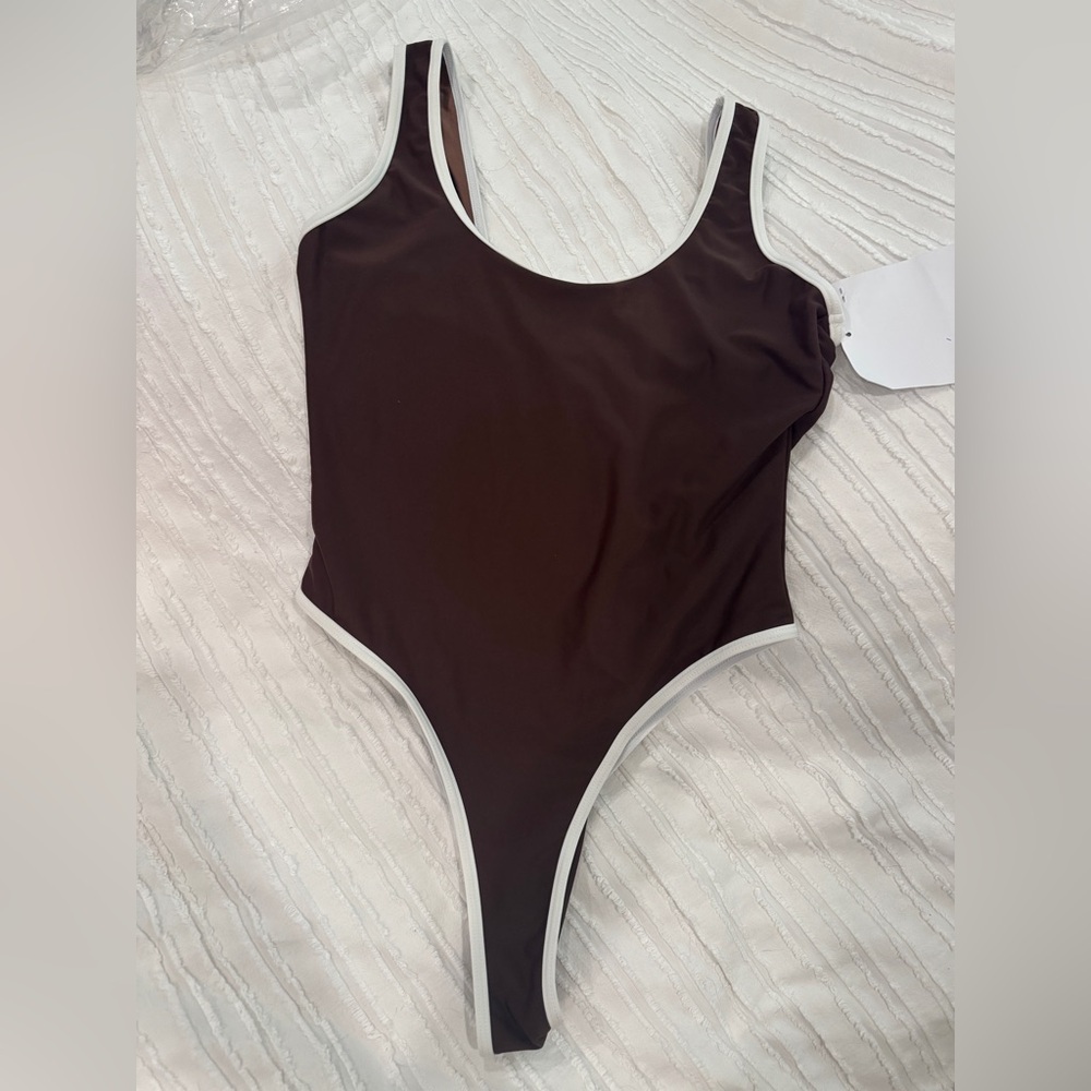 Brown One-Piece Swimsuit with White Trim